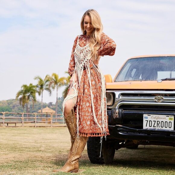 Women's Classic Attract Floral Brown Embroidered Chunky Heel Tall Boot - Picture 6 of 6